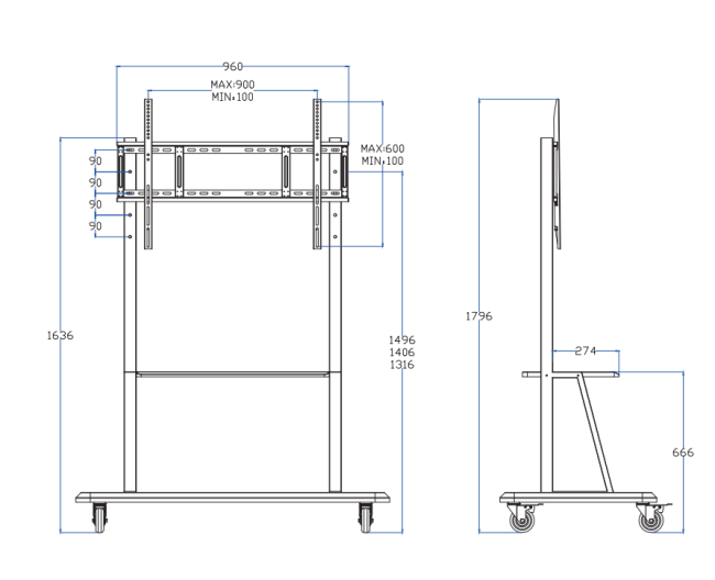 Mobile TV Cart with cable management and locking casters