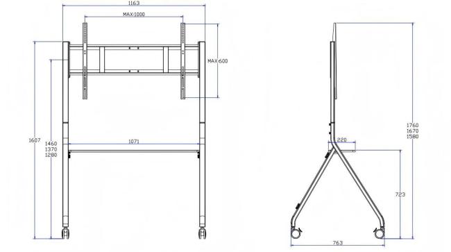 Mobile cart showing height adjustment and wheel features