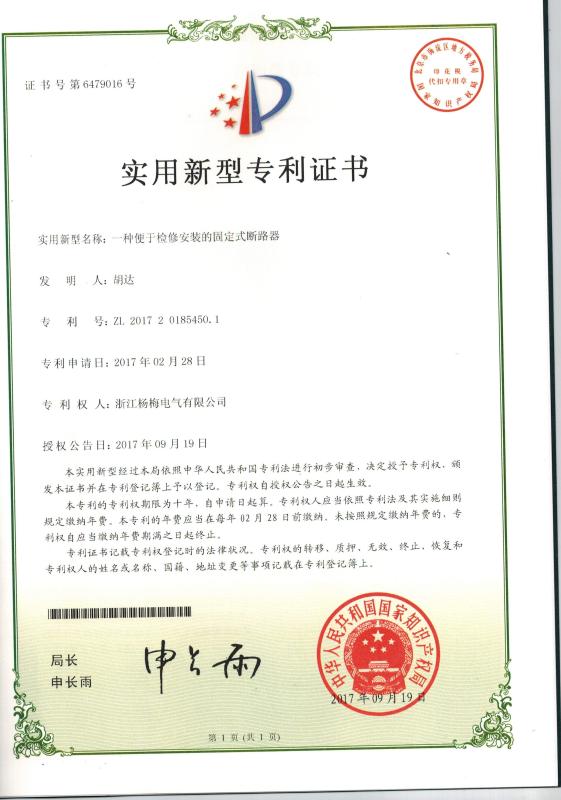 Patent certification - Eberry Electric Co., Ltd.