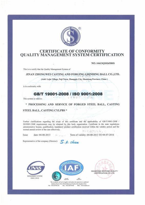 ISO9001:2008 - Jinan  Zhongwei  Casting And Forging Grinding Ball Co.,Ltd