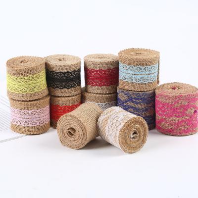 China 65mm Pink Burlap Ribbon With Lace 10 Yards Natural Burlap Ribbon Woven Edges for sale