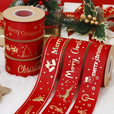 China Gold Foil Printed Christmas Ribbon Red Personalised Christmas Ribbon for sale