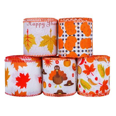 China Thanks Giving Day Printed Burlap Ribbon 63mm Personalized Cotton Ribbon for sale