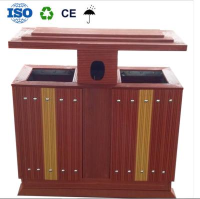 China Factory direct plastic wood trash can Road wood plastic trash can Park community wpc double barrel trash for sale