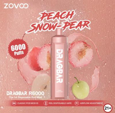 China Peach Snow-Pear Blue Raspberry Lemon Strawberry Orange Mango flavors Zovoo Dragbar 6000 puffs Disposal Vape Cigarette for sale