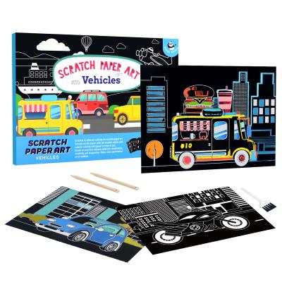 China 12 Pieces Vehicle Scratch Paper Art Set Colorful Black Drawing Boards for sale