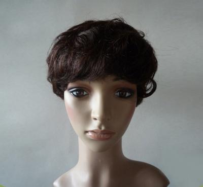 China Brown Short Human Hair Wigs With Bangs ,  Curly Human Hair Wigs for sale