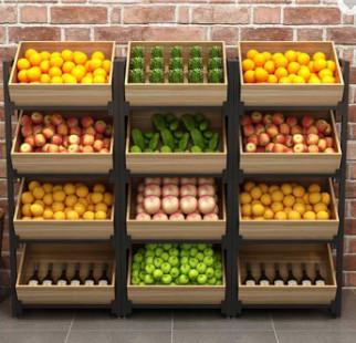 China Supermarket Wood Fruit Vegetable Shelf Rack Stand Grocery Store Te koop