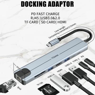 China Aluminum Alloy USB 3.0 Hub Type C To Hdmi Compatation VGA PD RJ45 TF SD for sale