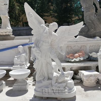 China BLVE White Marble Stone Carving Religious Angel Saint Michae Sculpture Life Size St. Michael The Archangel Statue for sale