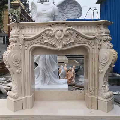 China Marble Fireplace Beige Natural Stone Mental Large Indoor Hand Carved Villa Home Decorative en venta