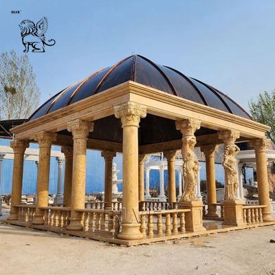 China Marble Long Gazebo Garden Stone Pavilion Yellow Natural Hand Carved Luxury Large Outdoor for sale