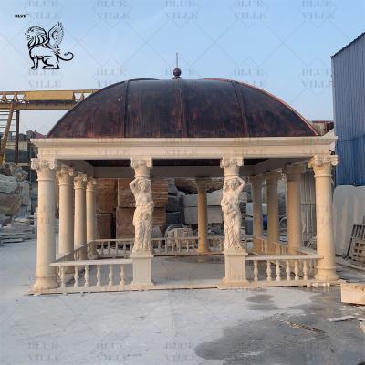China Beige Marble Gazebo Natural Stone Carving Women Pillars Pavilion Outdoor Large Garden Decoration Customized for sale