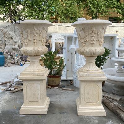 China Marble Modern Flowerpot Outdoor Beige Stone Vase Planter Pot Garden Decoration Handcarved for sale