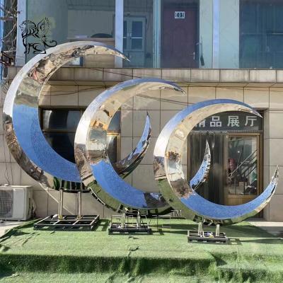 China Abstract Mirror Moon Stainless Steel Sculpture Light Modern Home Design Waterscape Metal Statue Large Outdoor Garden for sale