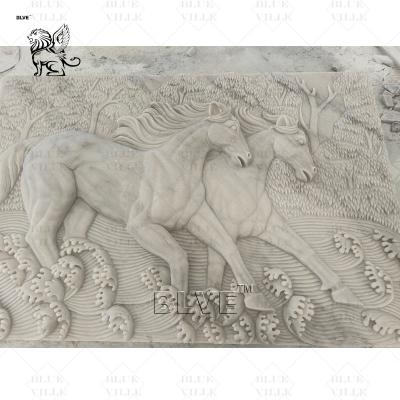 China Marble Running Horse Relief Stone Carving 3D Wall Sculpture Home Decor Art Modern for sale