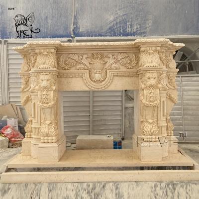 China Marble Fireplace Stone Lions French Style Fireplace Mantel Beige Travertine Luxury Home Decor Modern Design for sale
