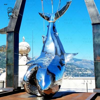 China Stainless Steel Shark Sculpture Polished Mirror Modern Art Metal Animal Statue Outdoor Garden Seaside Large Custom en venta