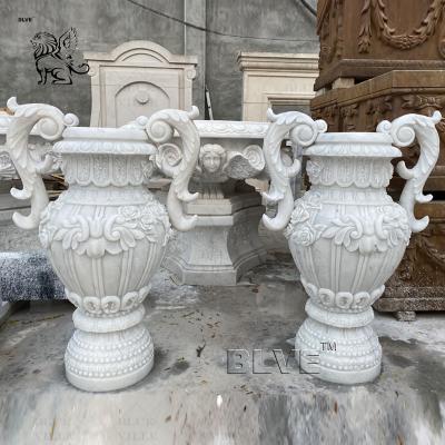 China White Marble Garden Planter Double Eared Natural Stone Large Flower Pot Home Decor Handcarved en venta