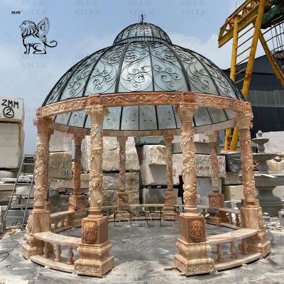 China Sunset Red Marble Waterproof Gazebo Wedding Natural Stone Carving Roman Pillar Pavilion Outdoor Large Luxury for sale