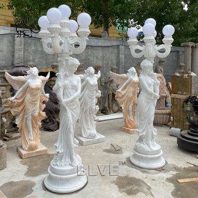 China Marble Woman Sculpture Floor Lamp White Stone Carving Life Size Lady Statue Light Decorative Villa Outdoor Street en venta
