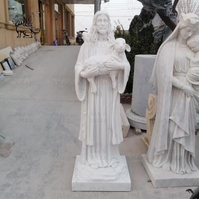 China Life Size Holding Lamb Jesus Statue Marble Sculpture Catholic Religious Stone Carvings Church Home Decoration for sale