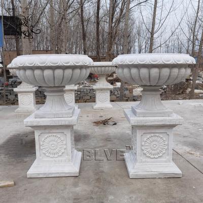 China Natural Stone Flower Pot White Marble Planter Urns Handcarved Large Garden Modern Home Decoration Design for sale