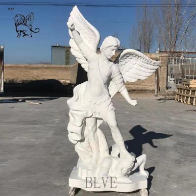 China Famous Marble Angel Statue Saint Michael The Archangel Slaying Demon Stone Garden Sculpture for sale