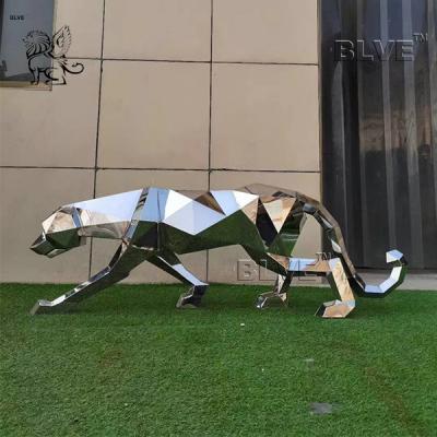 China Polish Modern Life Size Stainless Steel Animal Sculpture Geometric  Leopard Statue for sale