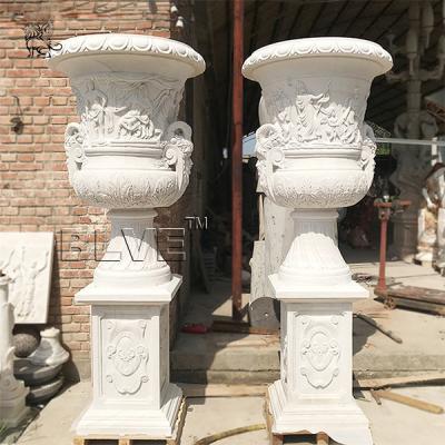 China Large Stone Planter Natural Marble White Flowerpots By Hand Carved for sale