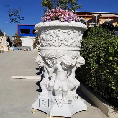 China Natural Garden Planter Hand Carving Marble White Stone Flowerpots Luxury for sale