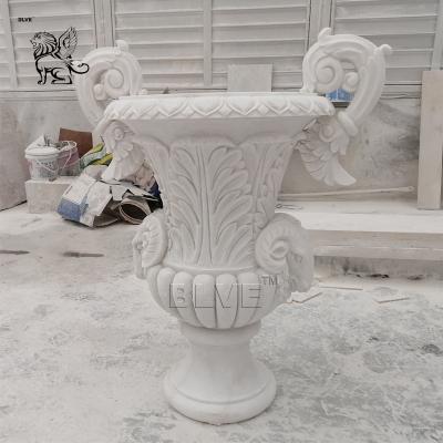 China Large White Marble Flowerpot Natural Stone Flower Urns Relief Handcarved Garden Decoration for sale