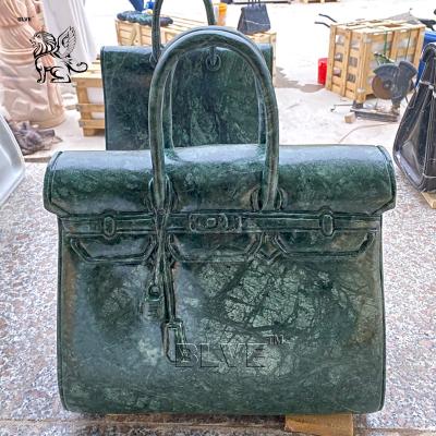 China Marble Famous Brand Bag Sculpture Frog Green Natural Stone Handbag Statue Luxury Shopping Mall Decoration for sale