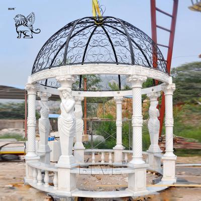 China Large Marble Gazebo Woman Statues Garden Pavilion Metal Roof Hand Carved Outdoor Decoration for sale