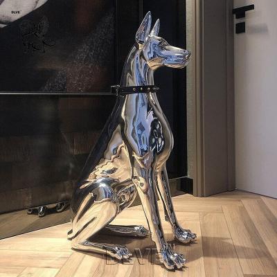 China BLVE Stainless Steel Life Size Guard Doberman Dog Statues Sculpture Modern Art Shiny Metal Indoor Home Decoration for sale