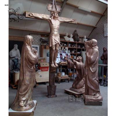 China BLVE Bronze Jesus Cross Statues Christian Virgin Mary And Saint Sculpture Crucifixion Catholic Religious Metal Life Size for sale