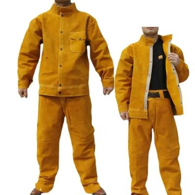 China Real Cow Leather Mens Heat Proof Electric Welding Workwear Workshop Uniforms Electrician Coveralls Coat Pants Protective for sale