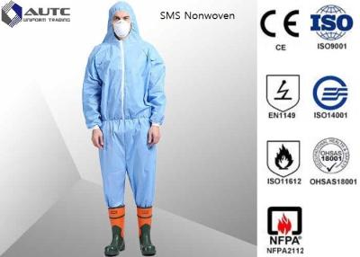 China L Blue PE Laminated Fabric With SMS Non-Woven Chemical Resistant Coveralls for sale