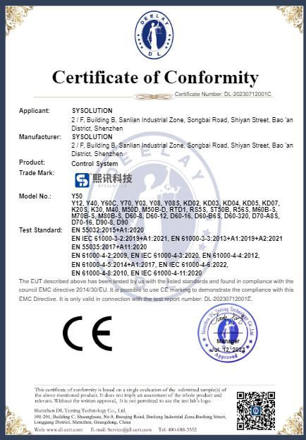 Certificate of Conformity-CE-Control System - Shenzhen Sysolution Cloud Technology Company Limited
