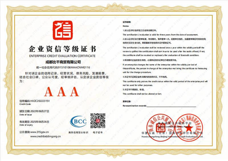 Enterprise Credit Rating Certificate - Chengdu Bigan Trading Co., Ltd.