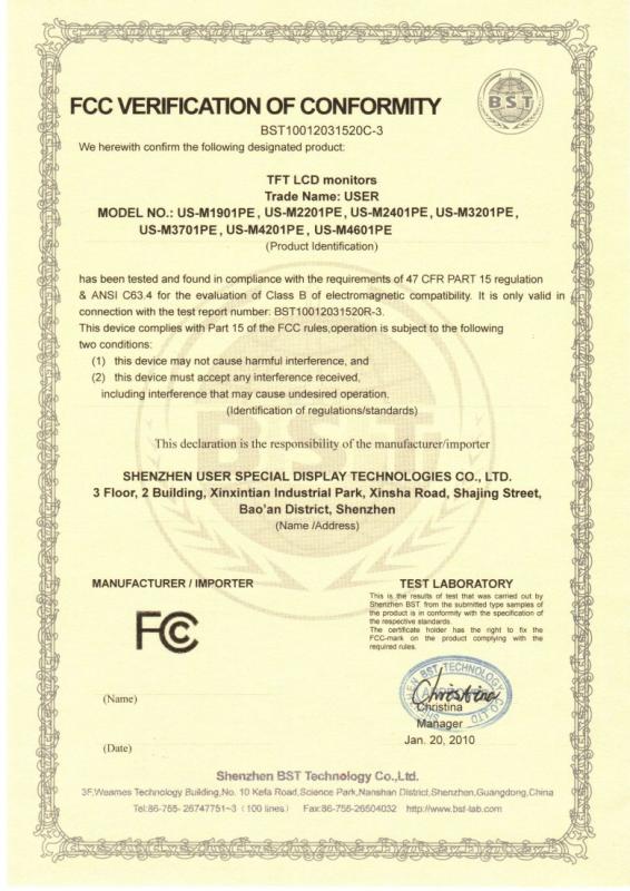 FCC - Shenzhen USER Special Display Technologies Co., Ltd