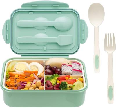 China Custom 1400ml Plastic Bento Box Containers Microwave Safe Green With Spoon Fork for sale