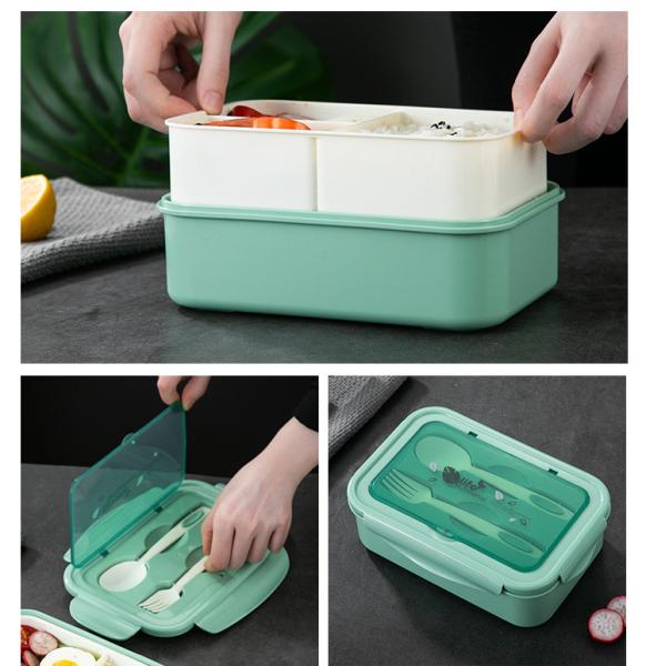 Quality Custom 1400ml Plastic Bento Box Containers Microwave Safe Green With Spoon Fork for sale