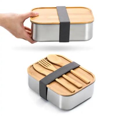 China Caja de comida de acero inoxidable Bento tapa de bambú 1200 ml Caja de comida en venta