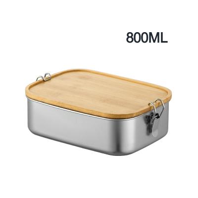 China Bamboe deksel klassieke metalen lunchbox dubbel gesp 304 roestvrij staal Te koop