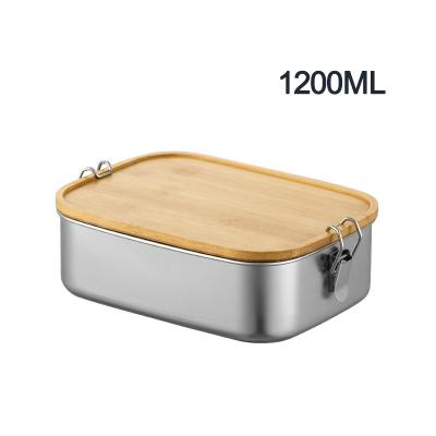 China 1200ml Metal Bento Lunch Box Stainless Steel Bamboo Lid Double Buckle for sale
