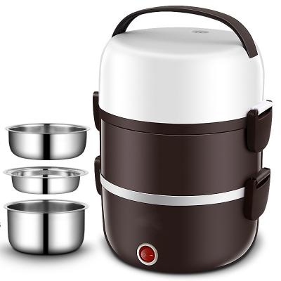 China 220V Portable Lunch Box Cooker Three Layers Stainless Steel Dark Brown OEM for sale