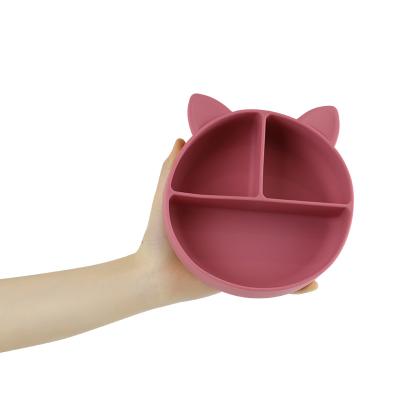China Food Grade Silicone Baby Cat Divided Plate Feeding Bowl Cartoon Fox Dishes Suction for sale