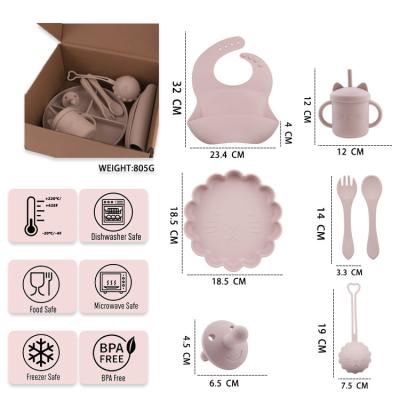 China Custom box package for kids toddler Silicone Tableware Set With Cup Plate Bowl Spoon Fork Bib for sale