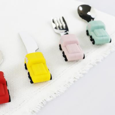 중국 자동차 모양 실리콘 손잡이와 유아 스테인레스 강 아기 스푼 판매용